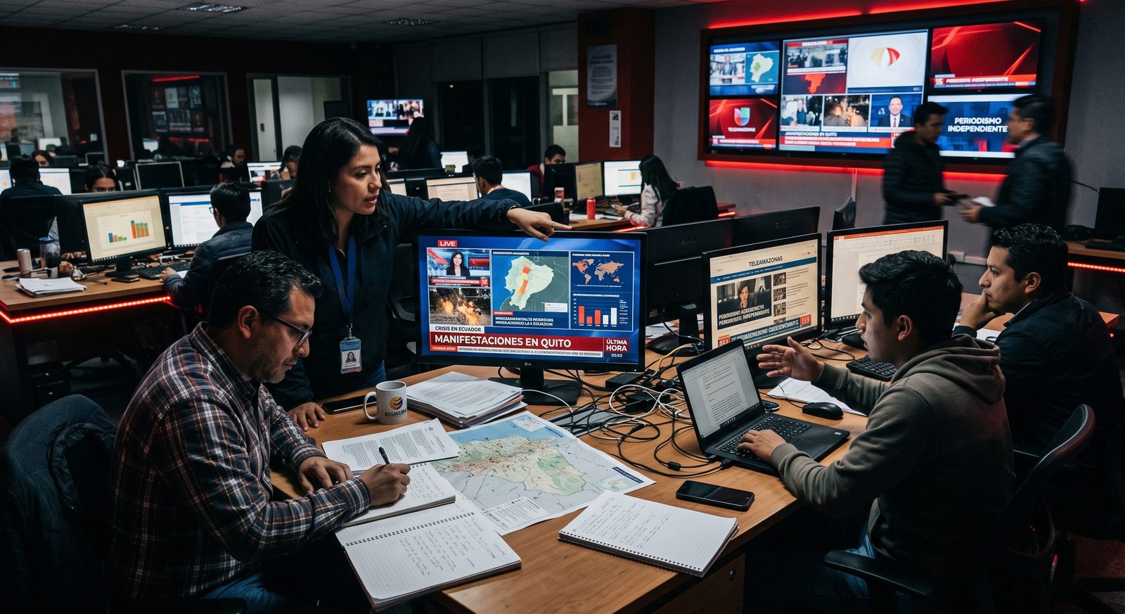 Sala de redacción, periodistas ecuatorianos revisando información en varias pantallas, documentos y gráficos, con iluminación oscura y detalles rojos.